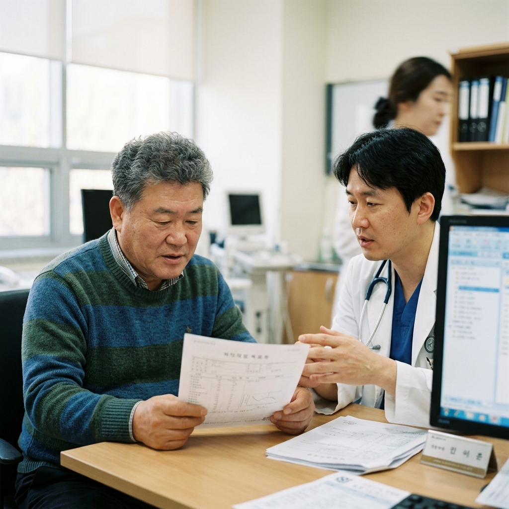 병원에서 의료진과 상담 중인 60대 남성과 검사 결과지를 보는 장면