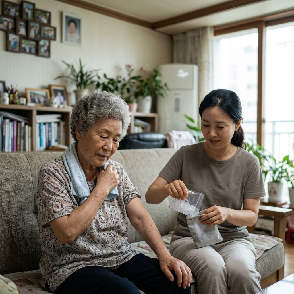 실내 거실, 70대 어르신이 소파에 앉아 물수건으로 목과 팔을 식히고 있고, 옆에 중년 자녀가 얼음주머니를 준비하는 모습