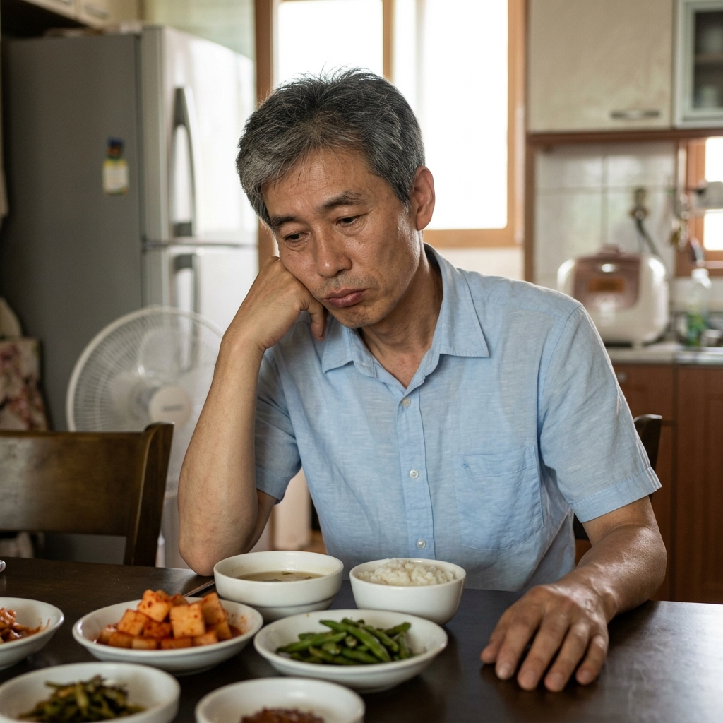 여름 더위 속 식탁 앞에서 입맛 없는 표정으로 반찬을 바라보는 중장년 남성, 얇은 반팔 셔츠 차림