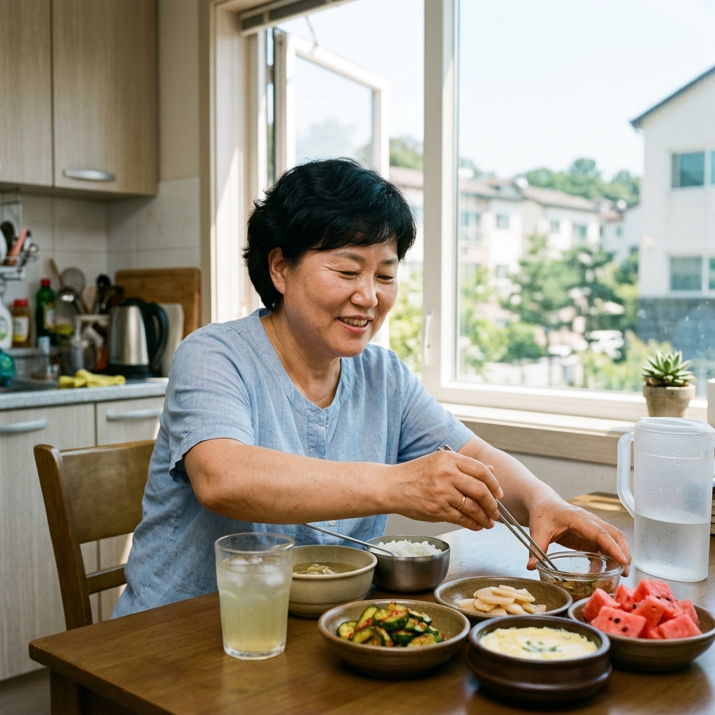 식탁 위에 놓인 전해질 음료와 간단한 여름 반찬들, 창밖으로 밝은 여름 햇살이 비치는 주방 배경
