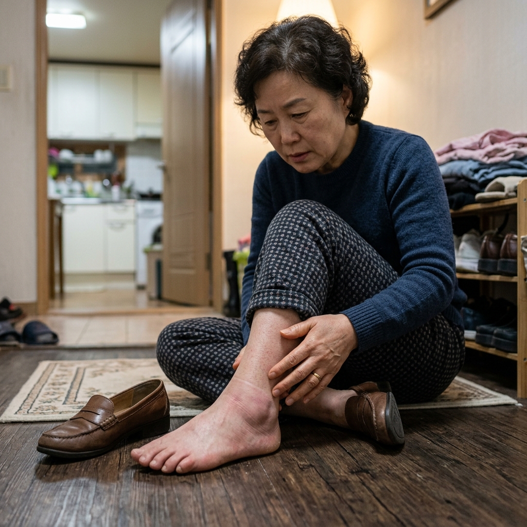 저녁 무렵 신발을 벗으며 발등 부기를 확인하는 중년 여성의 모습, 실내 조명 아래 발목에 양말 자국이 선명하게 보이는 장면