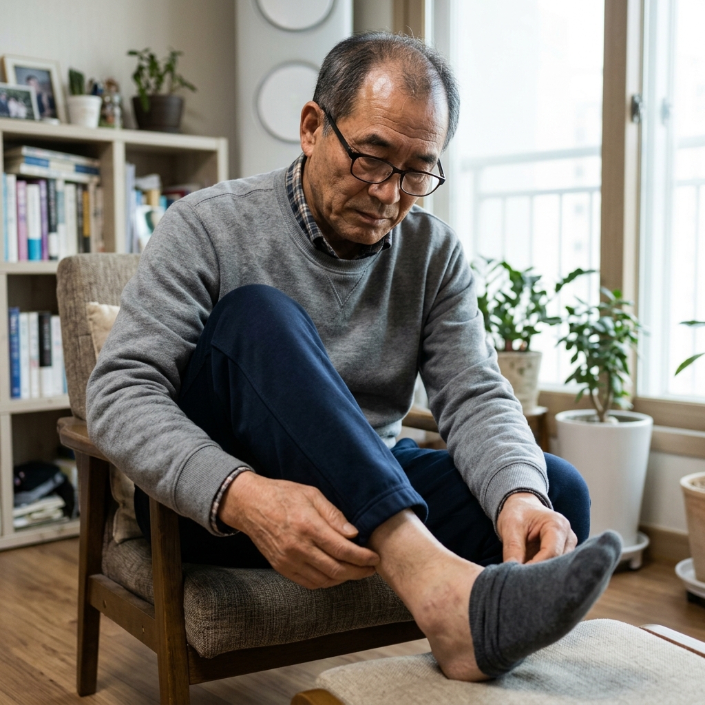 실내에서 의자에 앉아 발목을 돌리는 스트레칭 동작, 발목 부근이 확대되어 보이는 장면