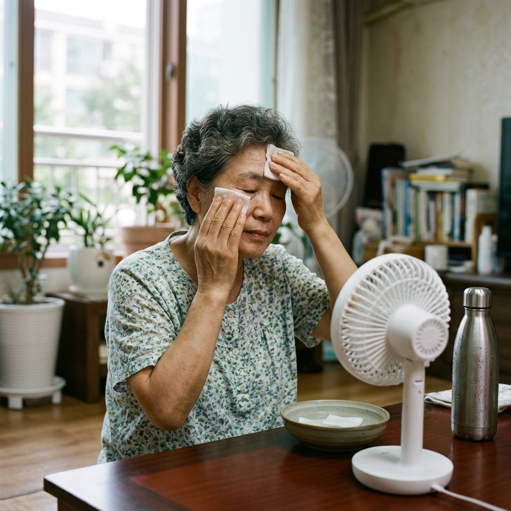 60대 여성이 찬물로 적신 화장솜을 얼굴에 올리고 있는 모습, 실내 테이블 위에 선풍기가 놓여 있다