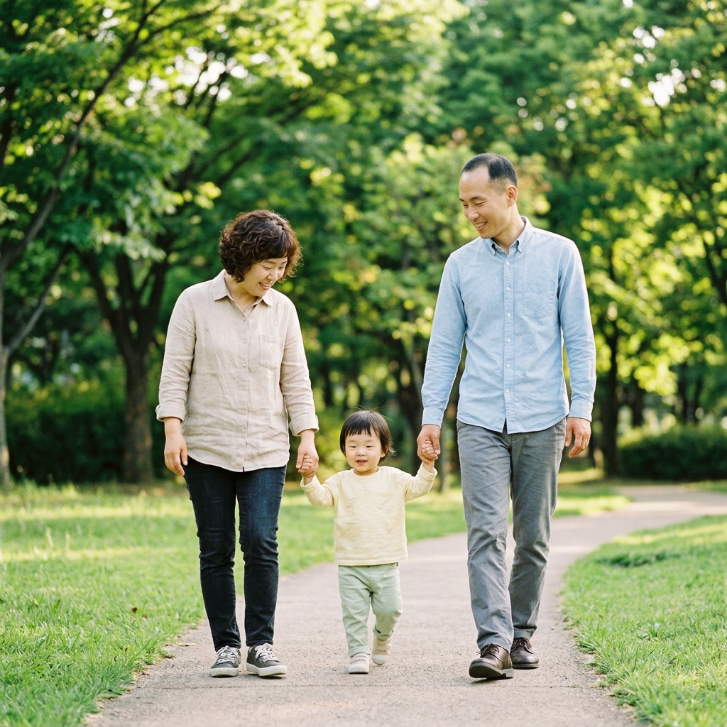 밝은색 긴팔 옷을 입은 영유아가 부모와 함께 공원 잔디밭에서 산책하는 모습, 부드러운 오후 햇살과 초록 나뭇잎 배경
