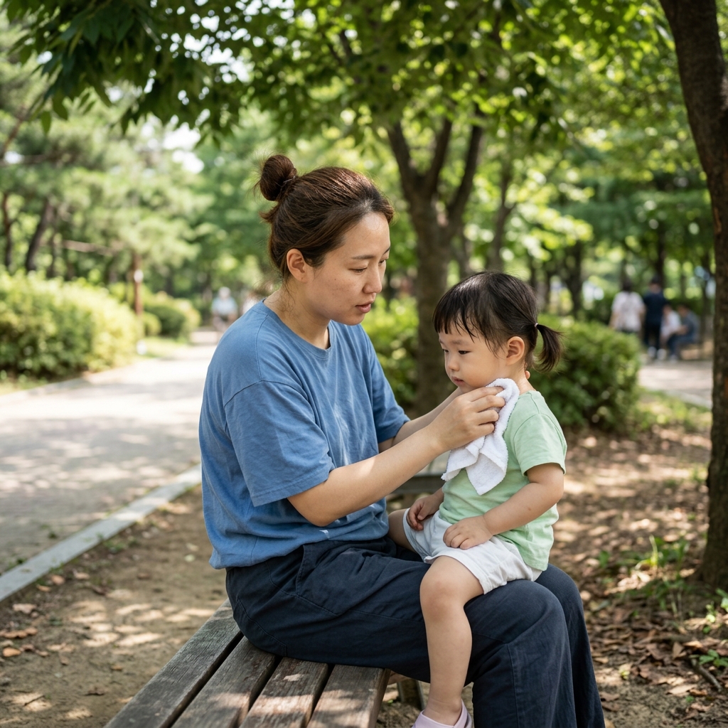 부모가 야외에서 영유아의 땀을 마른 수건으로 닦아주는 모습, 나무 그늘 아래 벤치