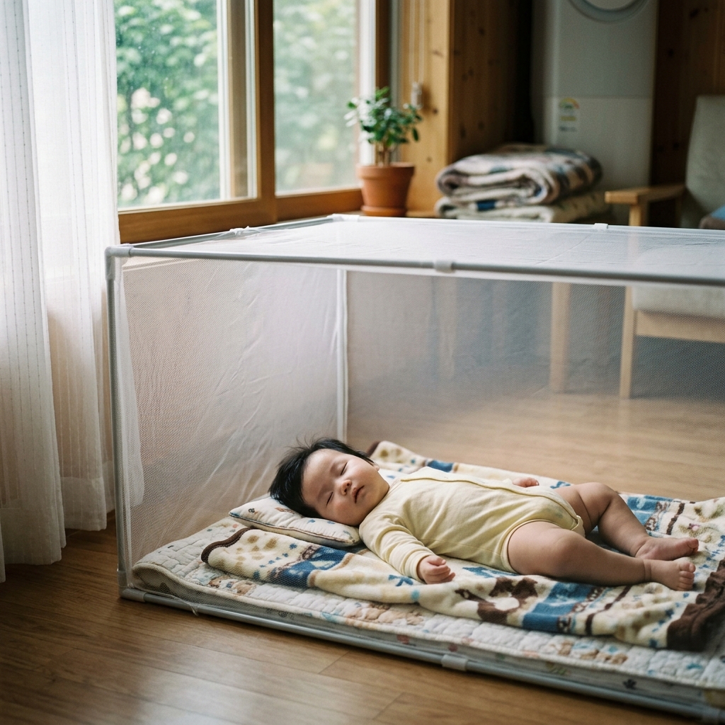 밝은색 긴소매 옷을 입은 영유아가 실내에서 모기장 안에 누워 있는 모습, 창가로 들어오는 부드러운 자연광