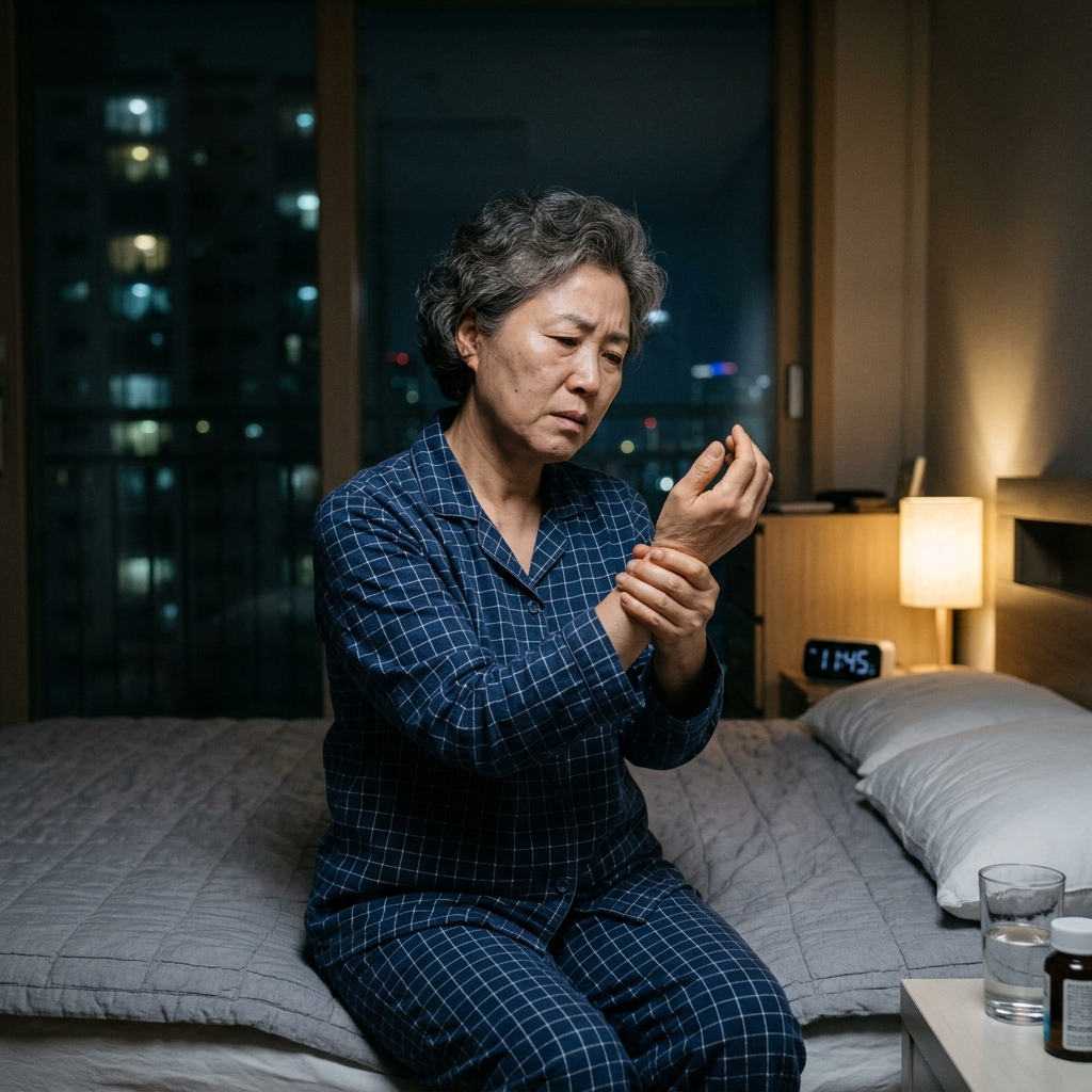 한국인 중년 여성이 밤에 침대에 앉아 한쪽 손목을 감싸 쥐고 표정이 불편한 모습, 실내 조명이 어둡고 창밖은 밤, 긴소매 잠옷 착용