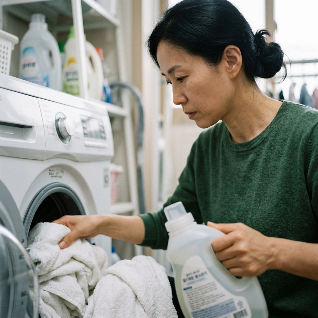 세탁기 안 흰색 수건과 세제통을 확인하는 40대 한국인 여성의 손, 실내 조명 아래 집중하는 모습