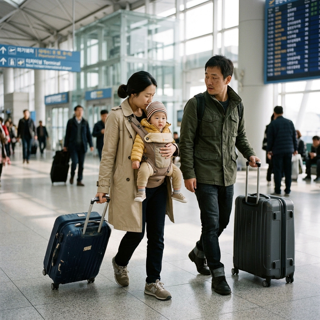 영유아와 함께 공항 출국장을 지나는 부모가 캐리어를 끌고 있는 모습