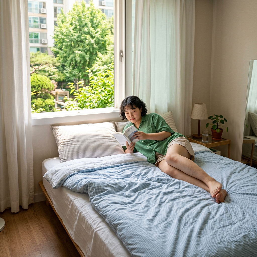 밝은 햇살 아래 침대에 정돈된 여름 이불과 베개, 창밖으로 푸른 녹음이 보이는 여름 침실