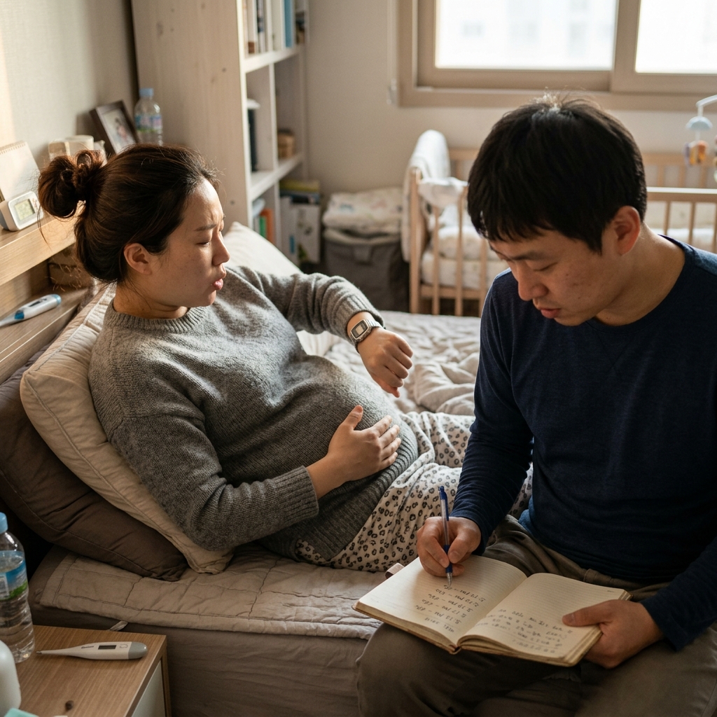 침대에 누워 배를 감싸 쥐고 시계를 보며 진통 간격을 재는 임신 후기 한국인 여성과 옆에서 노트에 시간을 기록하는 남편의 모습