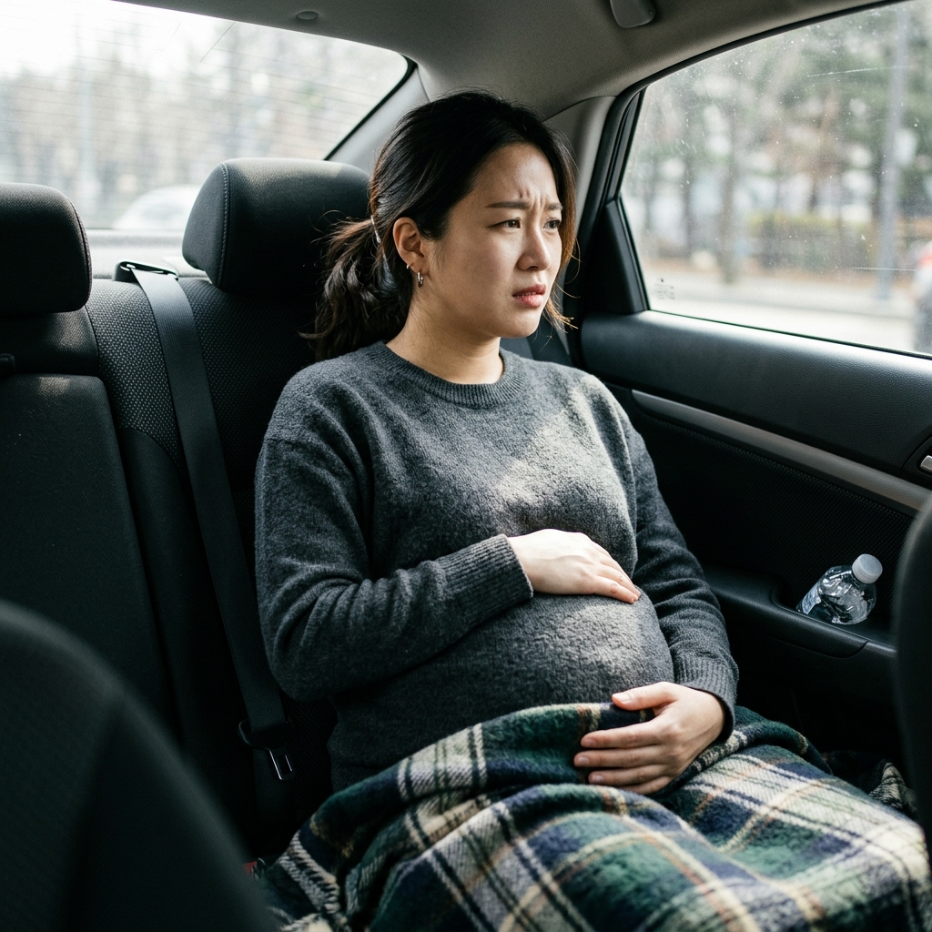 임신 후기 산모가 차량 뒷좌석에 앉아 배를 감싸며 불편한 표정을 짓고 있는 모습, 긴 소매 옷과 따뜻한 담요가 무릎 위에 놓여 있음