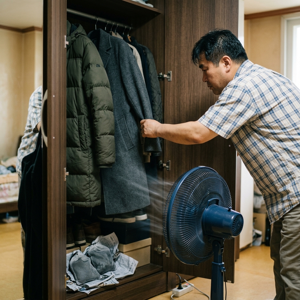 여름 장마철, 선풍기 바람이 열린 옷장 안쪽으로 들어가는 모습. 옷걸이에 걸린 겨울 코트와 패딩 사이로 공기가 흐르고, 옷장 바닥에 숯 주머니와 신문지가 놓여 있다
