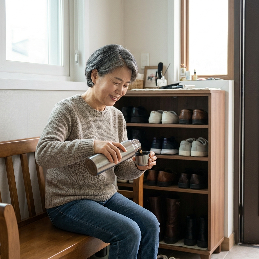60대 여성이 현관 신발장 옆에서 보온병 뚜껑에 따뜻한 물을 따라 마시는 장면, 실내 조명