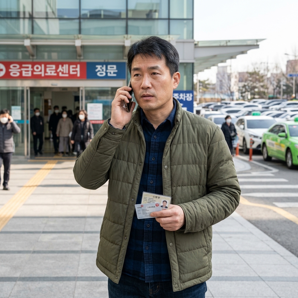 병원 입구에서 신분증과 건강보험증을 손에 든 40대 남성이 전화기를 귀에 대고 통화하는 모습, 배경은 병원 외관과 주차장