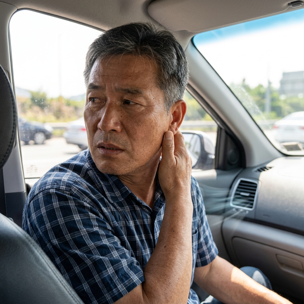 차량 에어컨 송풍구 앞에서 고개를 돌리며 불편한 표情을 짓는 중장년 남성, 창밖으로 여름 햇빛이 들어오는 차량 실내