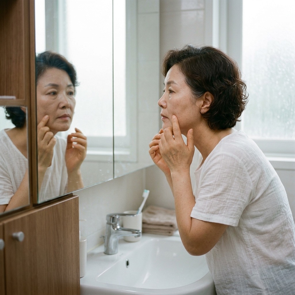거울을 보며 볼과 광대 부위를 살피는 50대 중반 여성, 얇은 흰색 반팔 블라우스 착용, 밝은 실내 세면대 앞