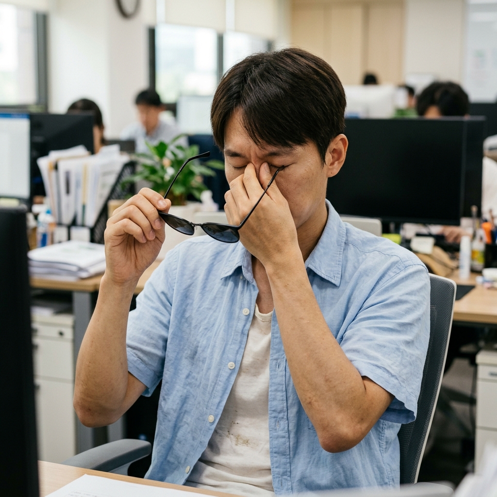 선글라스를 벗으며 눈을 감고 미간을 짚는 30대 남성, 실내 사무실 배경, 얇은 반팔 셔츠 착용