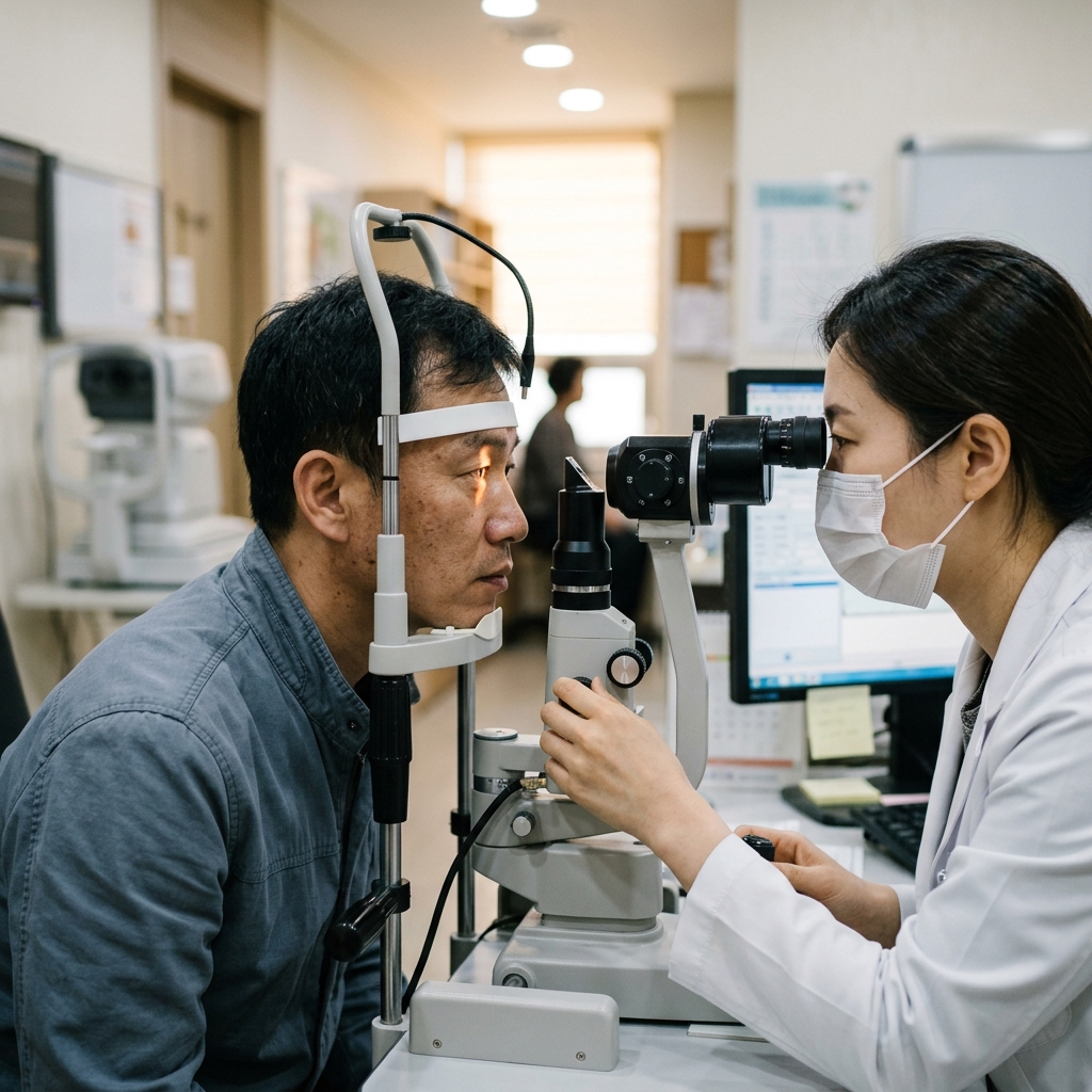 안과 진료실에서 세극등 검사를 받고 있는 40대 남성, 의료진이 장비를 눈 앞에 위치시킨 장면, 실내 밝은 조명