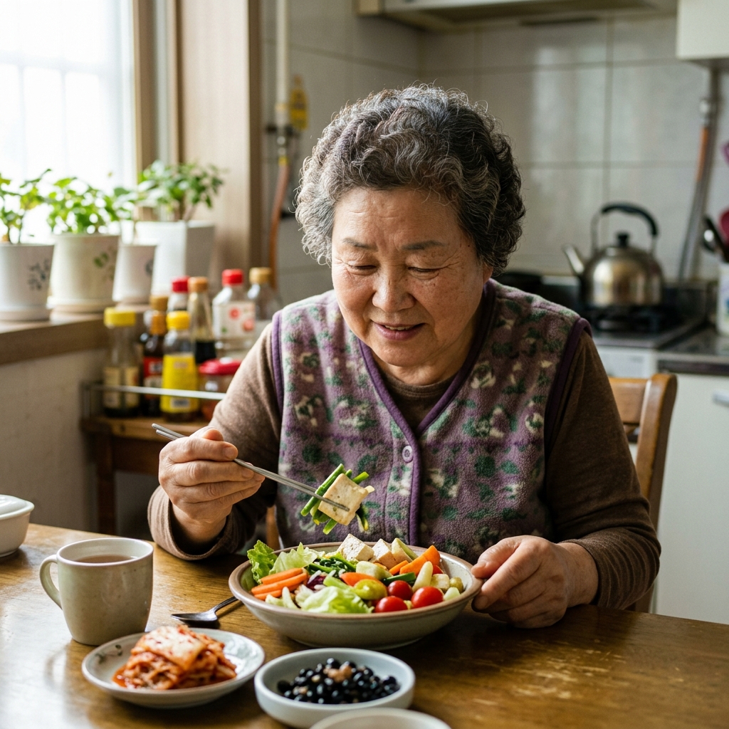 70대 여성이 식탁에서 두부와 채소가 담긴 그릇을 앞에 두고 편안한 표정으로 식사하는 장면