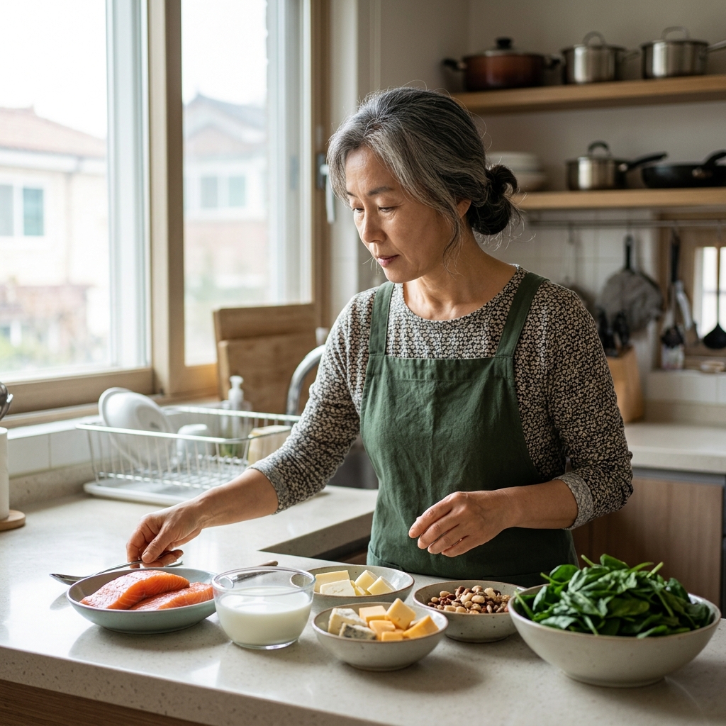 주방 조리대 위에 연어, 우유, 치즈, 견과류, 시금치가 담긴 그릇이 나란히 놓여 있고, 자연광이 들어오는 밝은 실내
