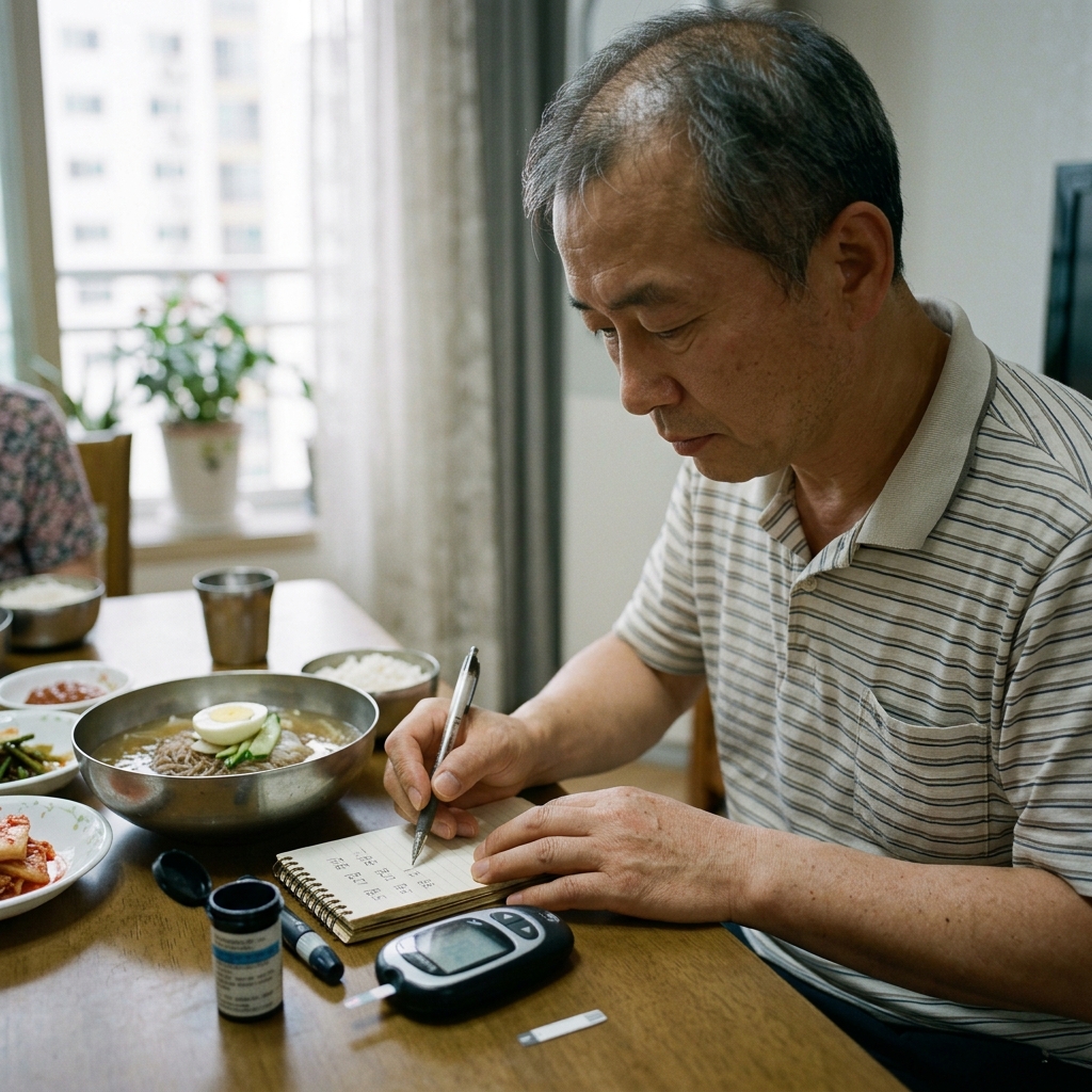 식탁 위 혈당 측정기와 기록 노트, 냉면 그릇이 함께 놓인 모습