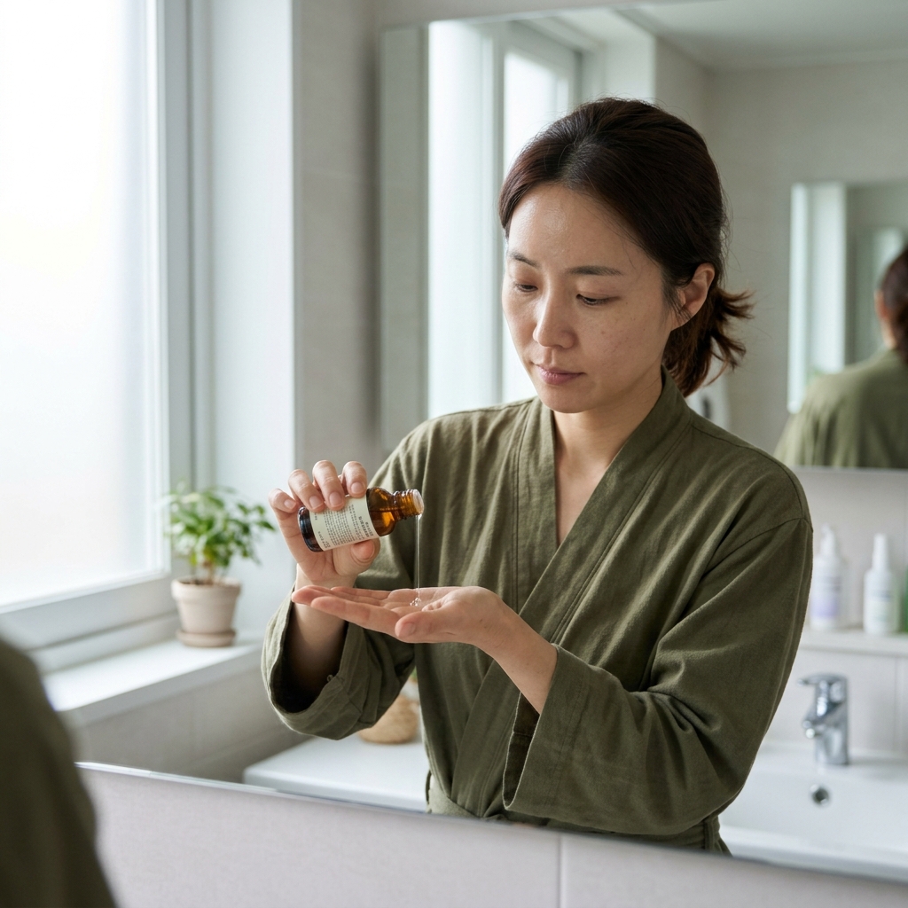 30대 중반 여성이 욕실 거울 앞에서 손바닥에 투명한 세럼 한 방울을 덜어내며 성분표를 꼼꼼히 확인하는 모습, 자연광, 차분한 표정