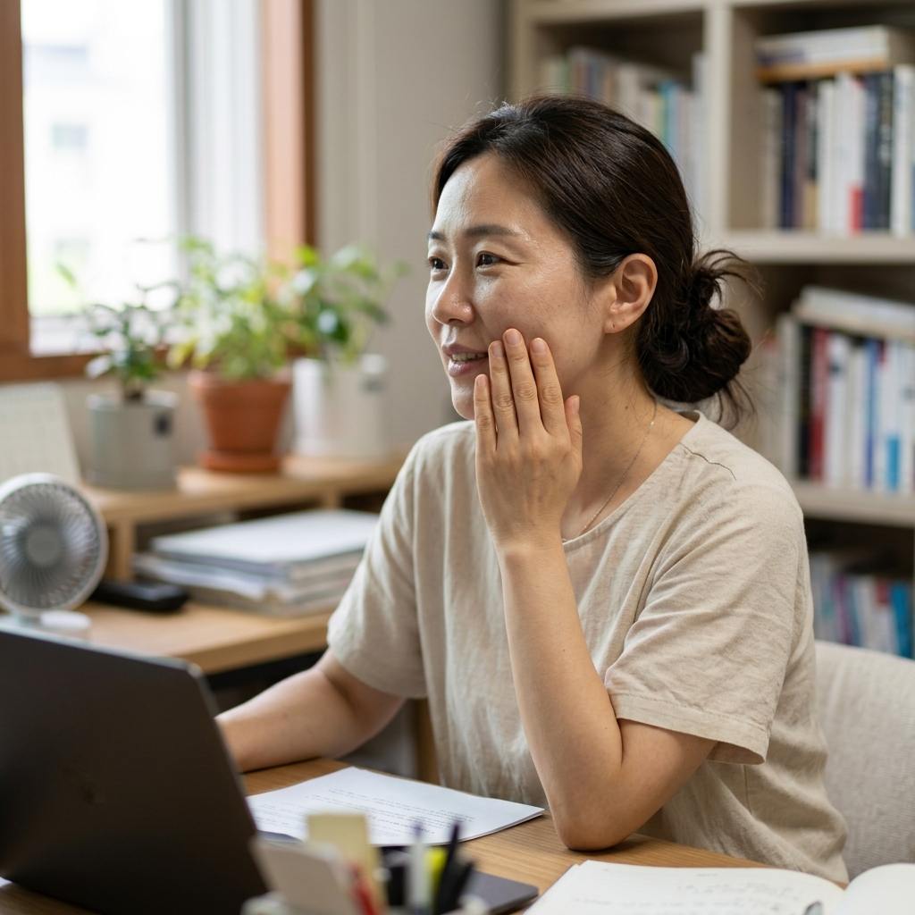 실내 책상 앞에서 에어컨 바람을 맞으며 얼굴을 만지는 30대 여성, 여름 반팔 블라우스 착용