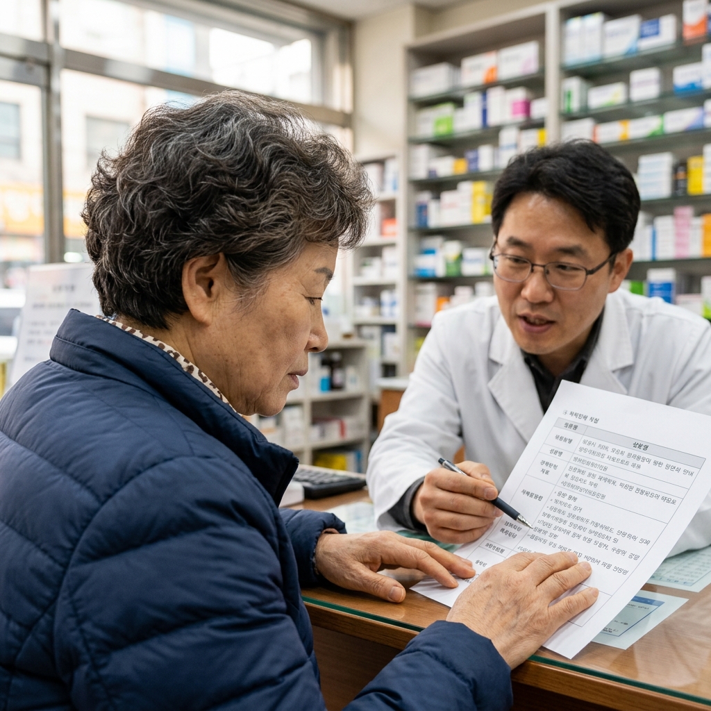 60대 여성이 약국 상담 창구에서 약사와 마주 앉아 성분표가 적힌 종이를 함께 보며 설명을 듣는 장면, 실내 조명, 약국 선반이 배경에 보이는 구도