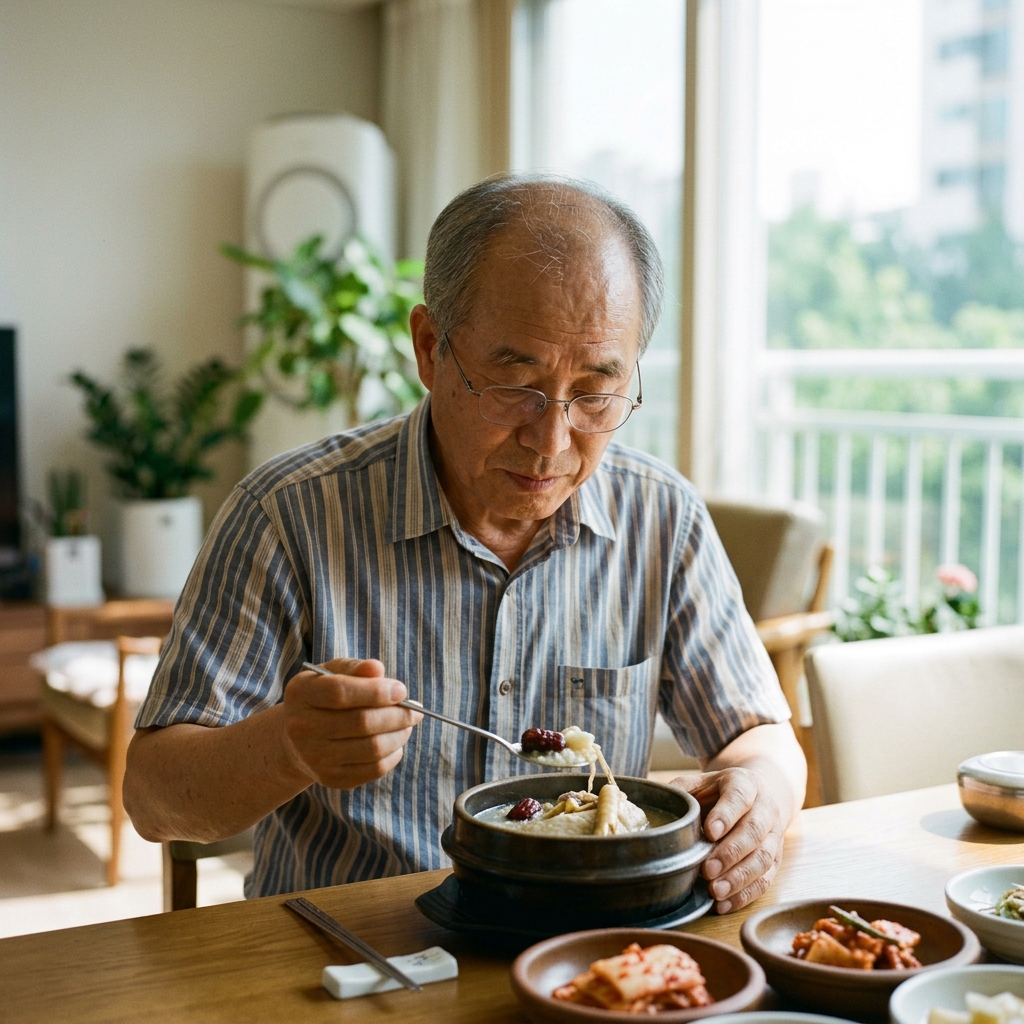 60대 후반 남성이 밝은 실내 식탁에서 삼계탕 그릇 앞에 앉아 건더기를 살피며 숟가락을 든 모습, 반팔 셔츠 차림, 창밖으로 여름 햇살이 들어오는 배경
