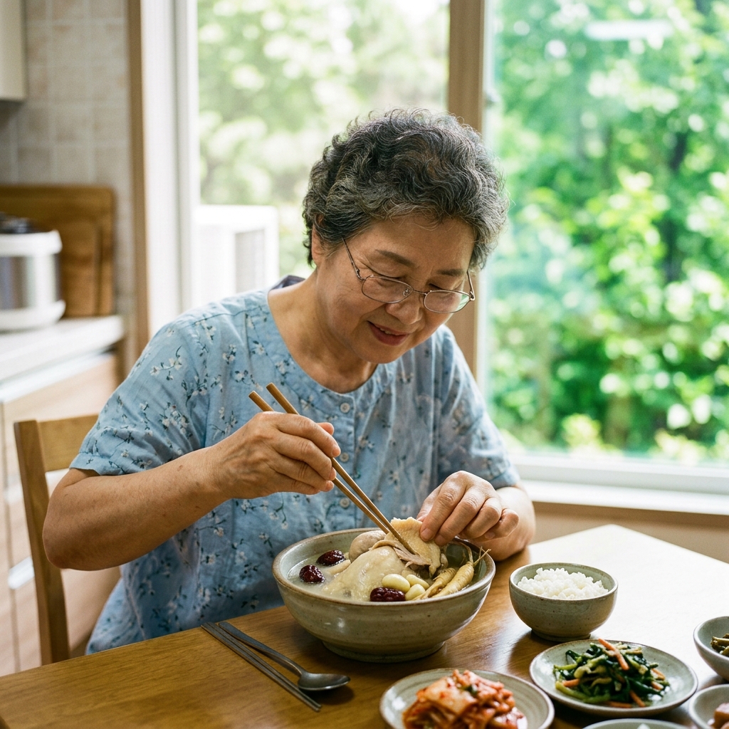 70대 여성이 밝은 주방 식탁에서 삼계탕 그릇 속 닭고기 껍질을 젓가락으로 조심스럽게 분리하는 모습, 반팔 블라우스 차림, 창밖으로 여름 녹음이 보이는 배경