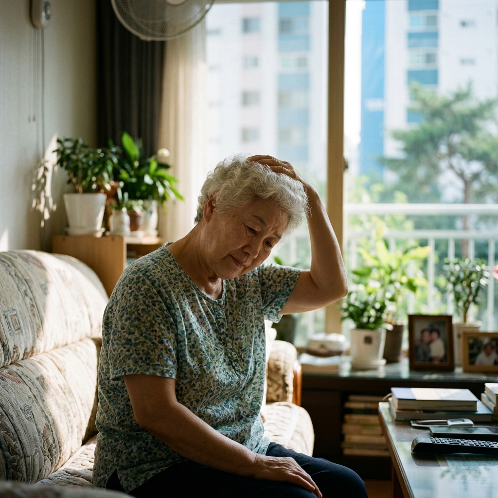 밝은 실내 거실 소파에 앉아 목을 옆으로 기울이며 한 손으로 머리를 가볍게 당기는 흰머리 70대 여성, 반팔 셔츠 차림, 창밖으로 여름 햇빛이 들어오는 장면