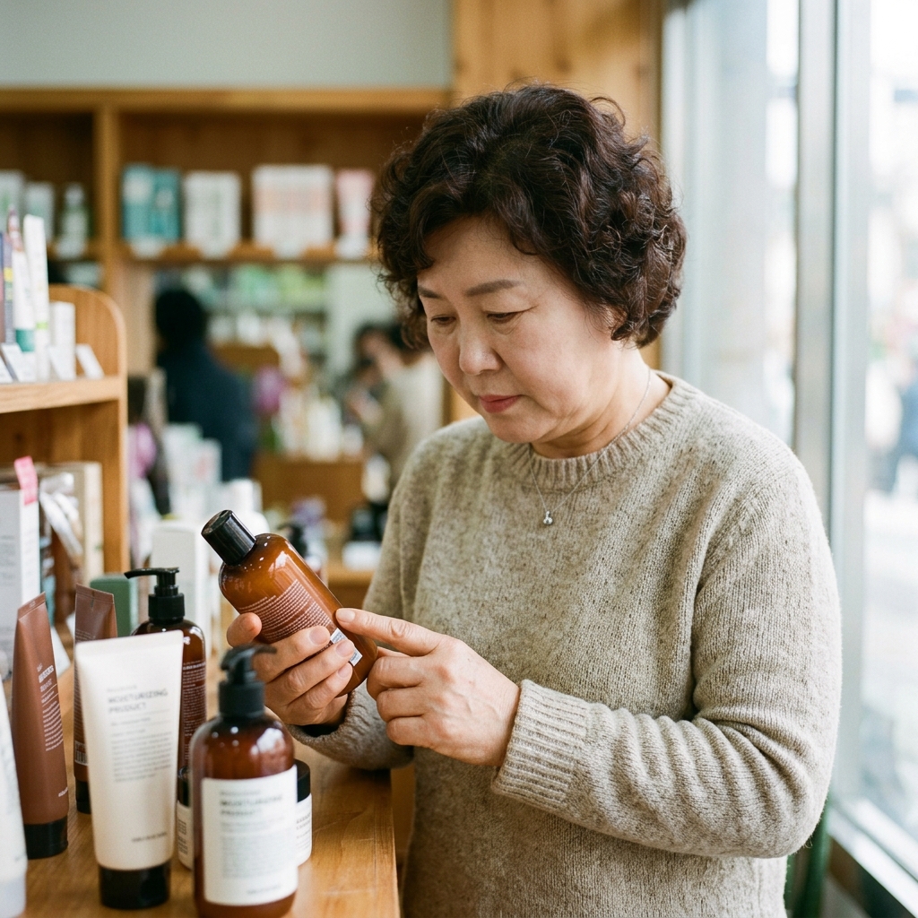 화장품 성분표를 확인하며 보습 제품을 고르는 중년 여성의 손과 제품들