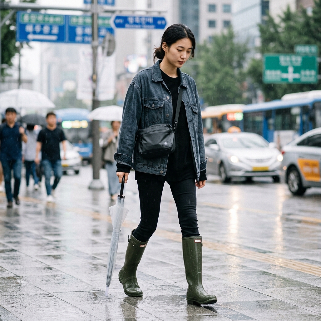 무릎까지 오는 일자핏 롱부츠를 신고 스키니진을 매치한 장마철 스트릿 패션