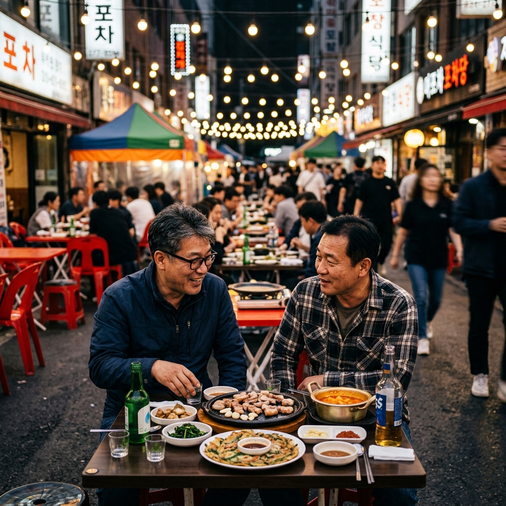 종로 야장 거리의 야외 테이블과 조명이 켜진 저녁 풍경
