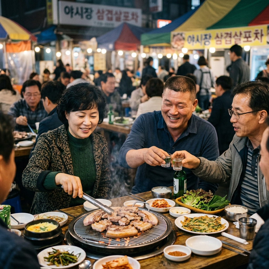 야장에서 숯불에 구워지는 삼겹살과 소주잔