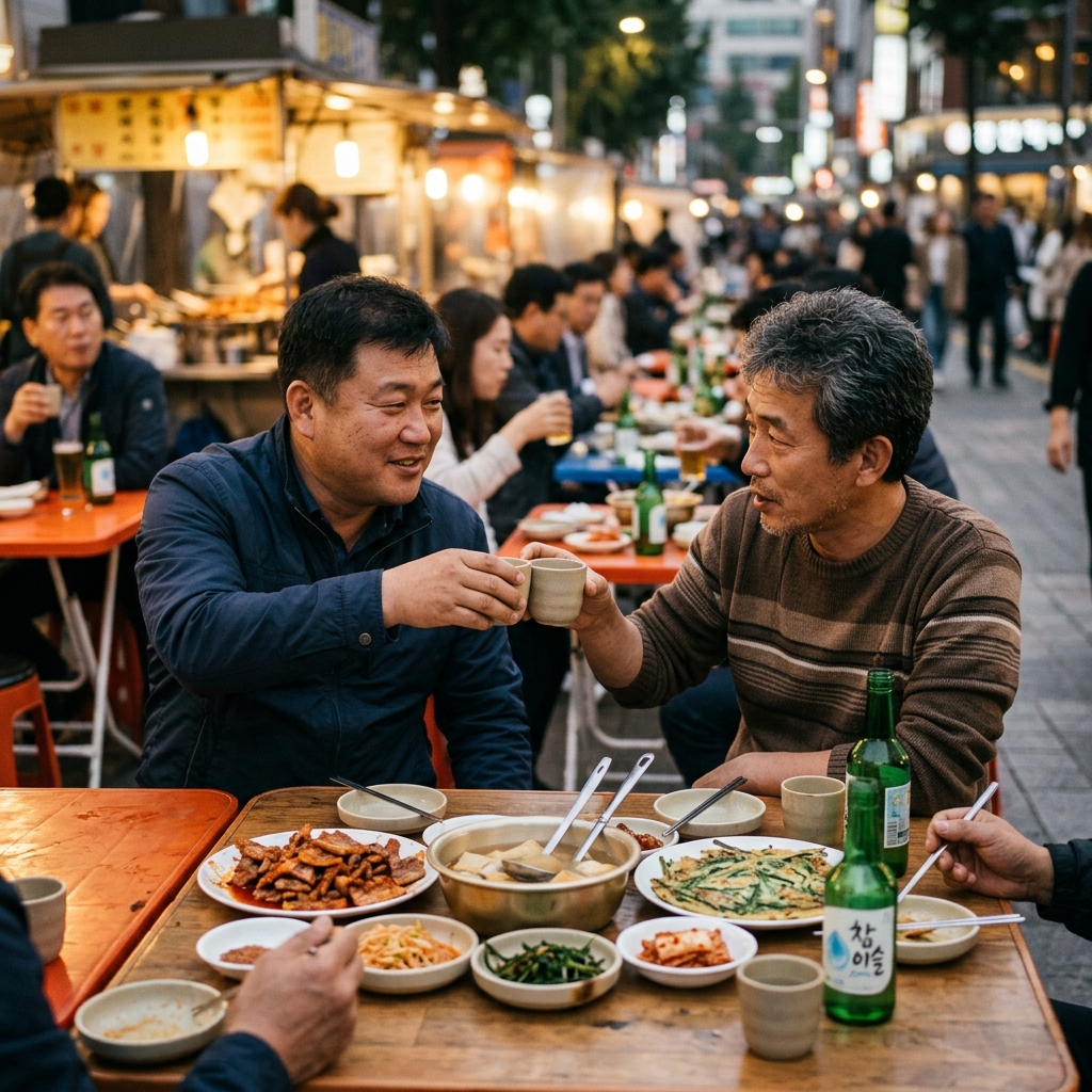 종로 야장 테이블에 놓인 안주와 소주병