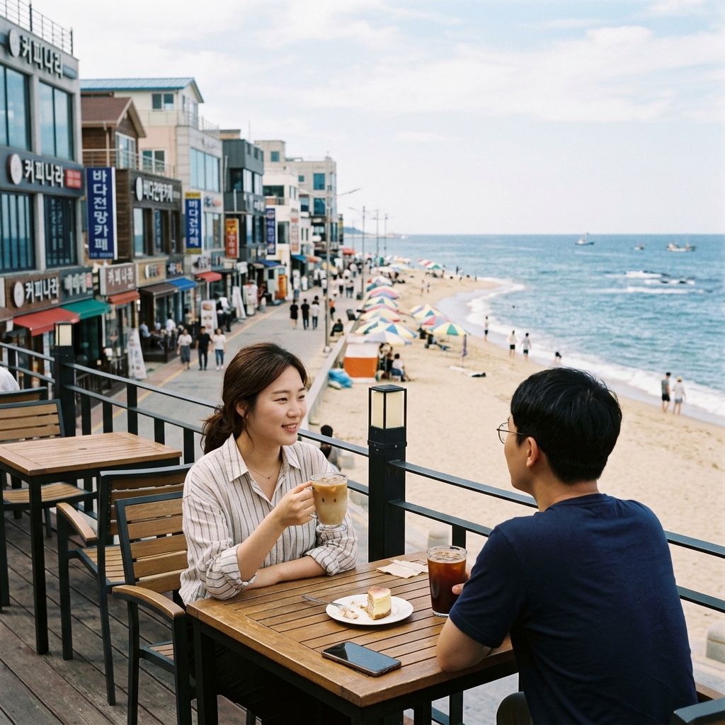 안목해변 카페 거리 전경과 바다가 보이는 테라블 풍경