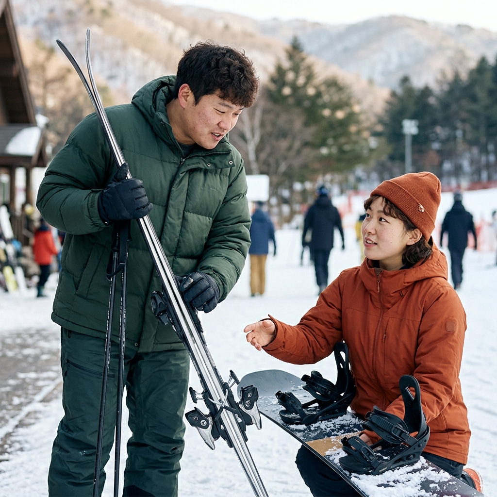 스키와 스노보드 장비를 나란히 놓고 비교하는 장면