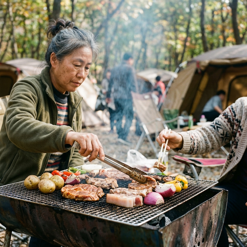 캠핑장 그릴 위에서 구워지는 고기와 채소들