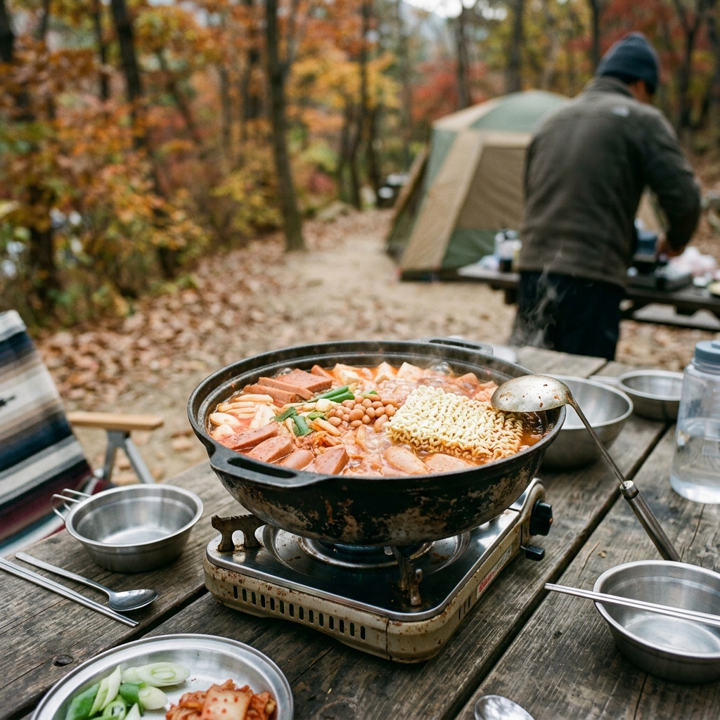 캠핑 냄비에서 보글보글 끓는 부대찌개와 라면