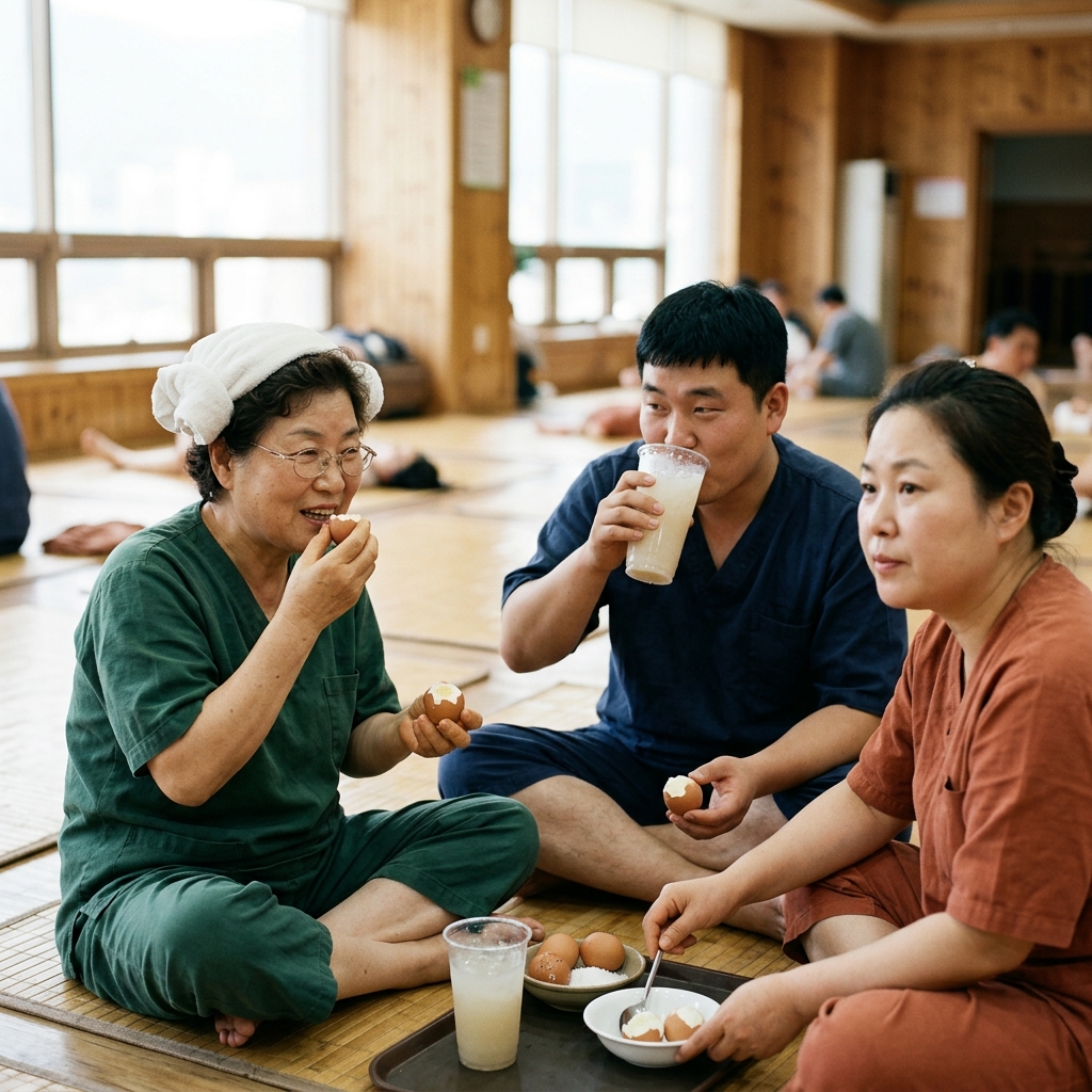 찜질방 내부에서 식혜를 마시며 맥반석 계란을 먹는 사람들의 모습