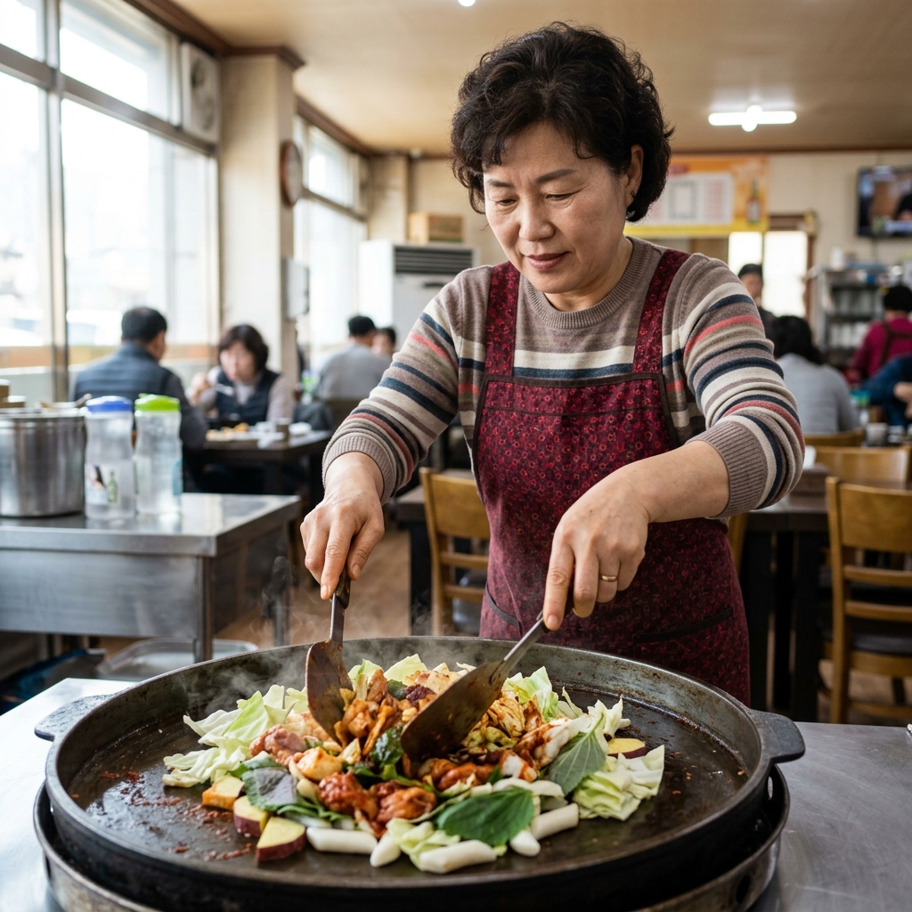 철판 위에서 채소와 함께 볶아지는 춘천 닭갈비의 모습