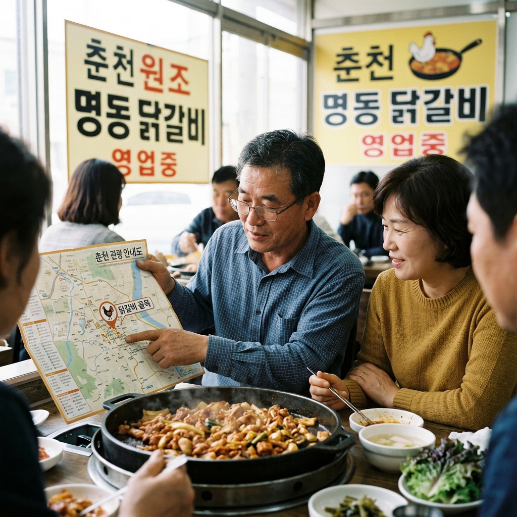 춘천 관광 안내도와 닭갈비집 표시가 함께 있는 모습