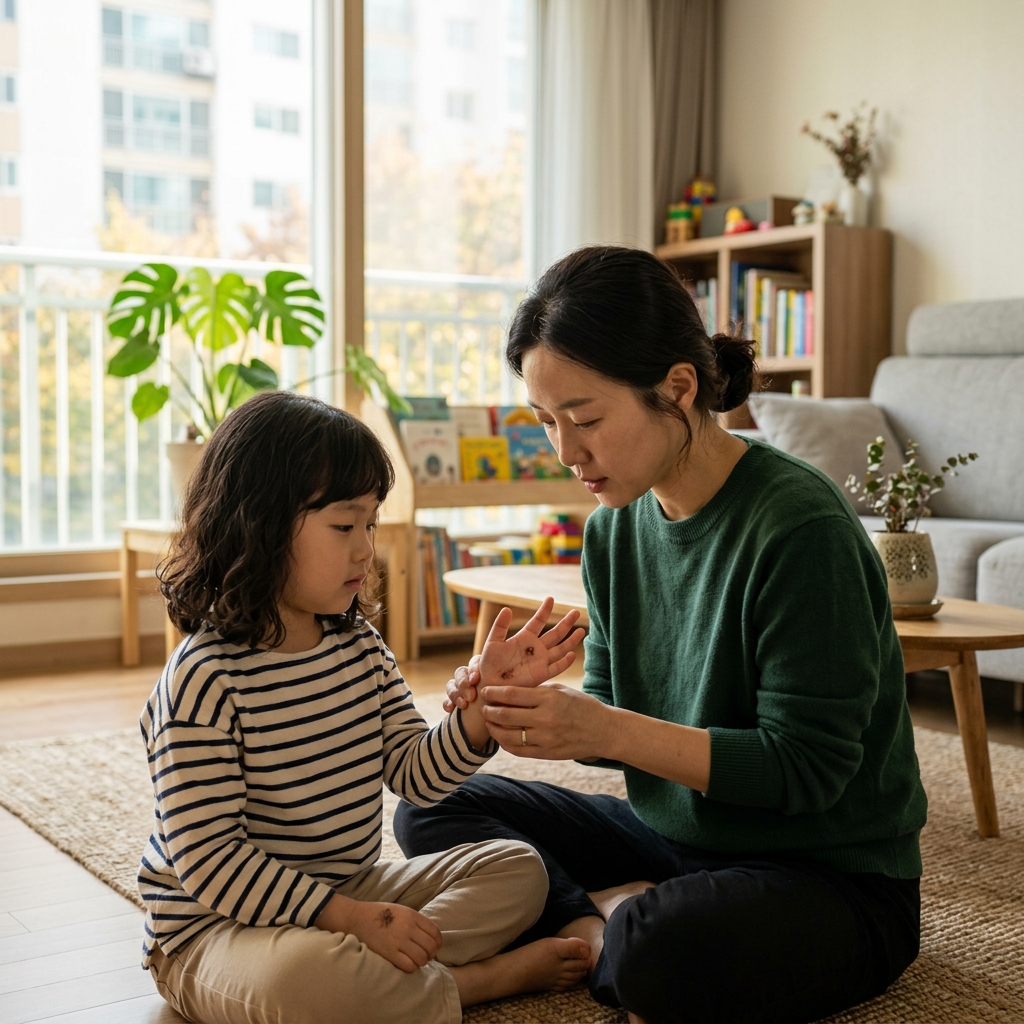손바닥에 딱지가 앉은 상태의 어린 아이 손을 부모가 살피는 장면, 실내 거실 배경, 자연광이 들어오는 창가