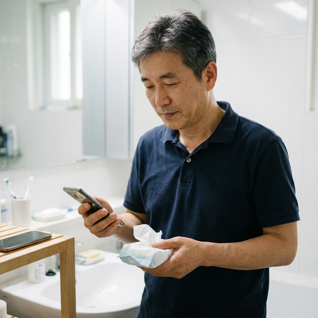 세면대 옆 선반에 놓인 휴대폰과 물티슈를 손에 든 중년 남성, 욕실 조명 아래 깔끔한 배경