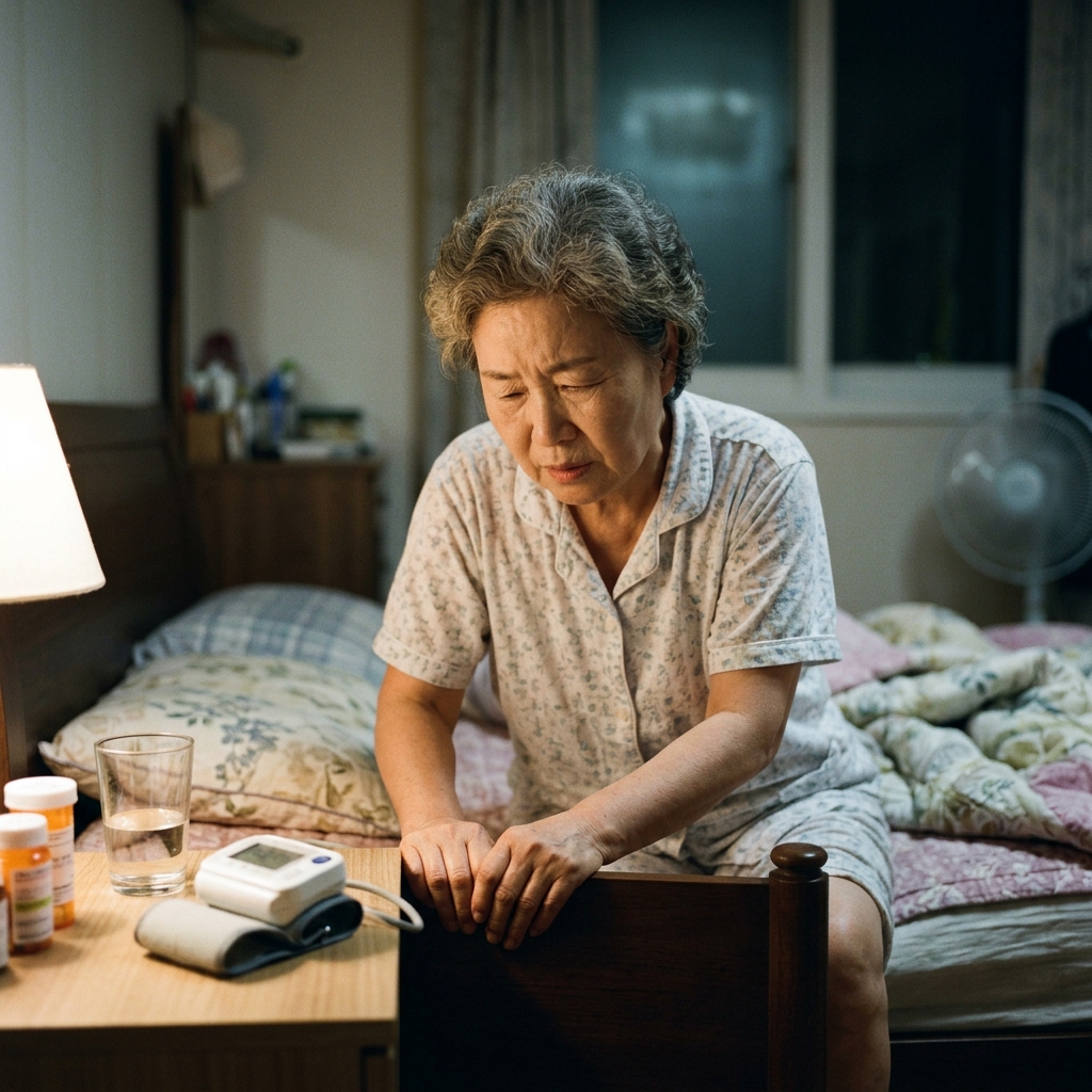 60대 여성이 침실에서 자세를 바꾸려다 침대 모서리를 잡고 어지럼증을 느끼는 표정, 옆에 손목 혈압계와 물컵이 놓여 있는 여름밤 장면