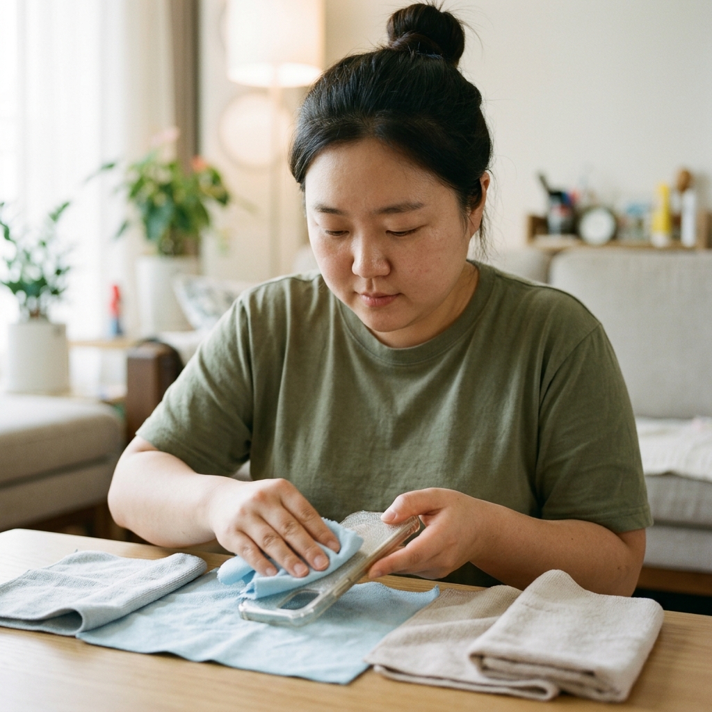 케이스를 중성 세제로 닦고 있는 손과 마른 수건, 실내 밝은 조명