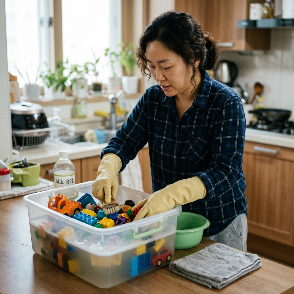 투명한 세척 용기에 담긴 플라스틱 장난감과 식초 용액, 옆에 놓인 마른 수건