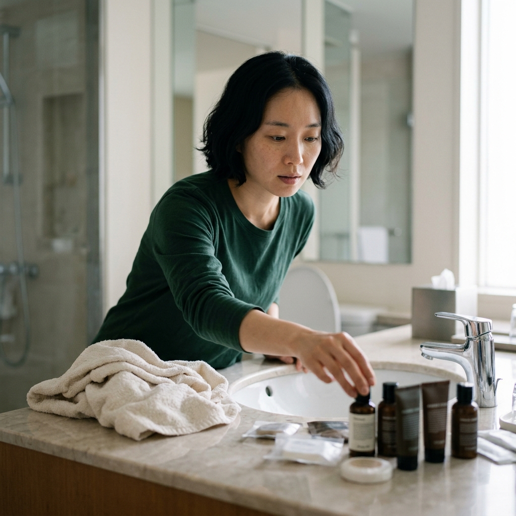 세면대 위에 놓인 낯선 호텔 어메니티와 거친 수건을 확인하는 장면